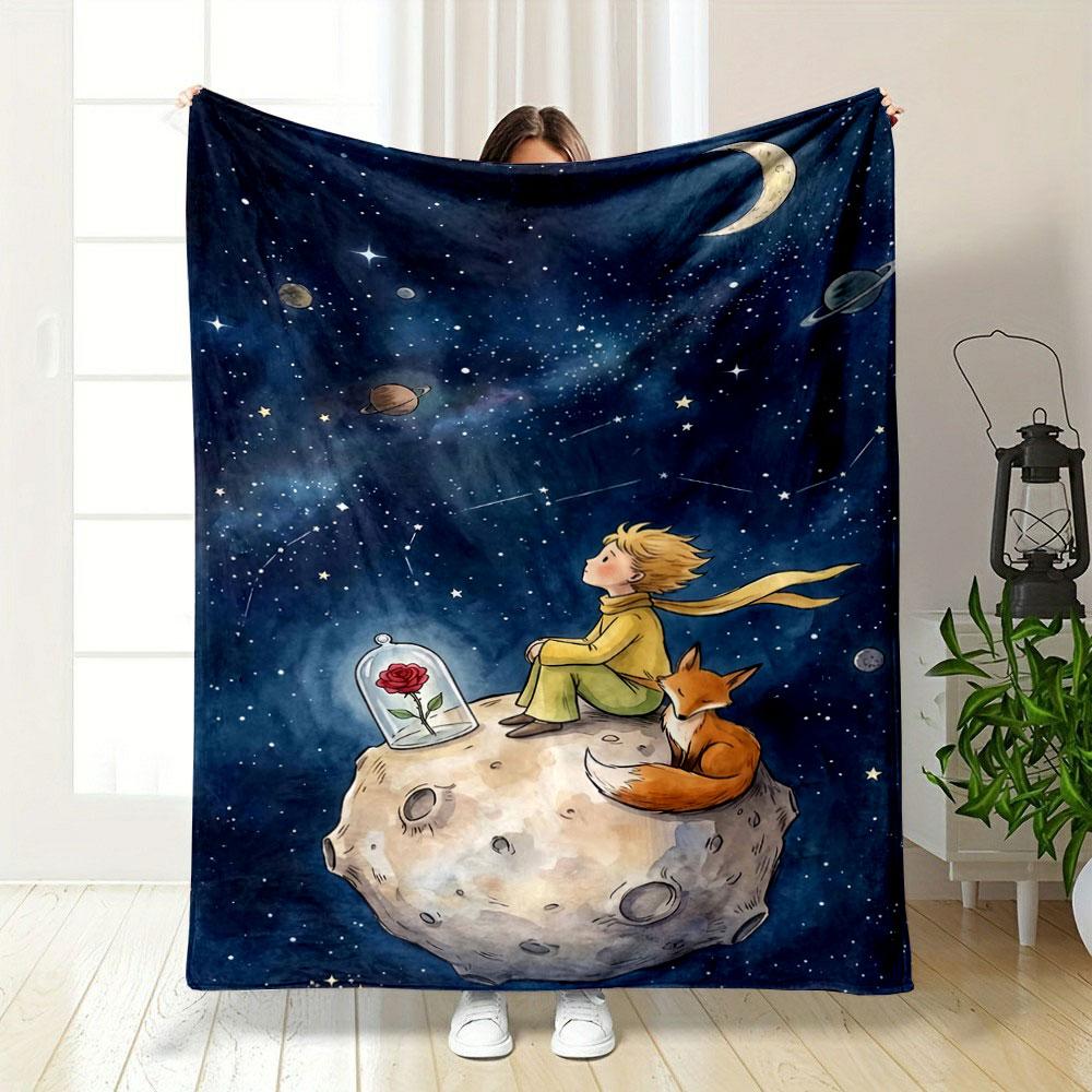 A boy and a fox sit on an asteroid, gazing at the starry night sky. for all seasons blanket lunch break throw gift