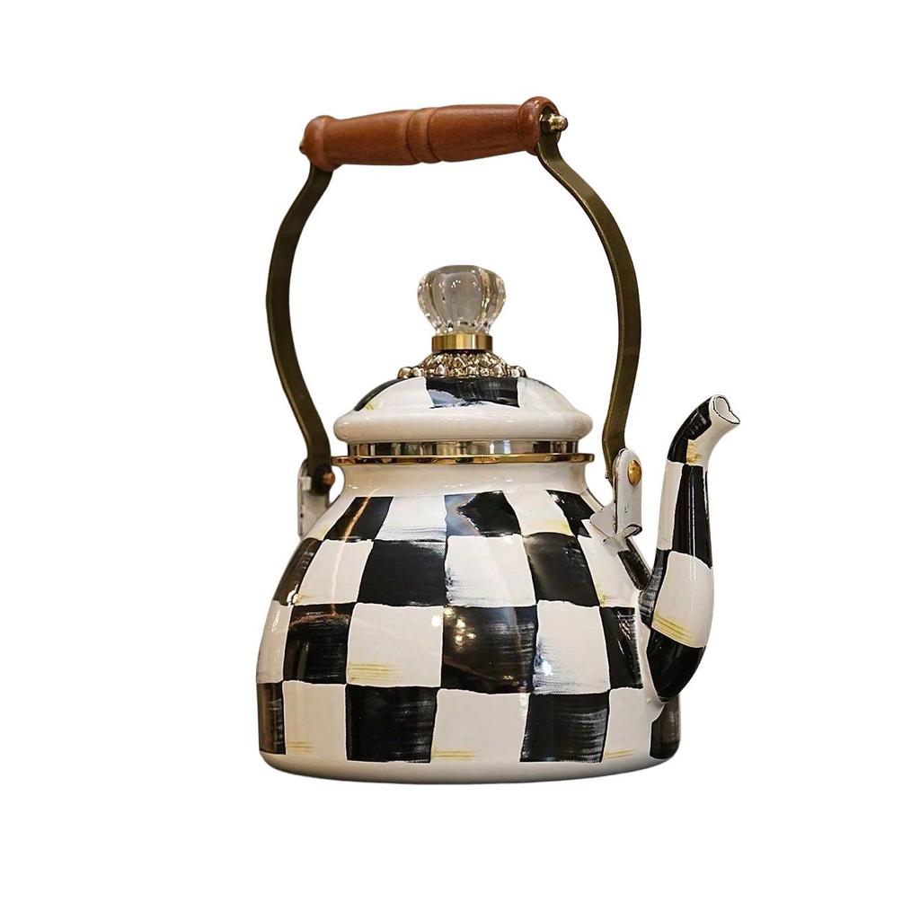 Checkered Black & White Enamel Kettle with Diamond Lid, Wooden Handle, Angled Spout, 2L Capacity - Classic All-Season Teapot