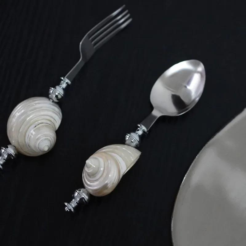 Light Luxury Natural Conch Shell Dessert Fork Spatula Stainless Steel Flatware Kitchen Utensils Set Home Tableware Spoon Gift