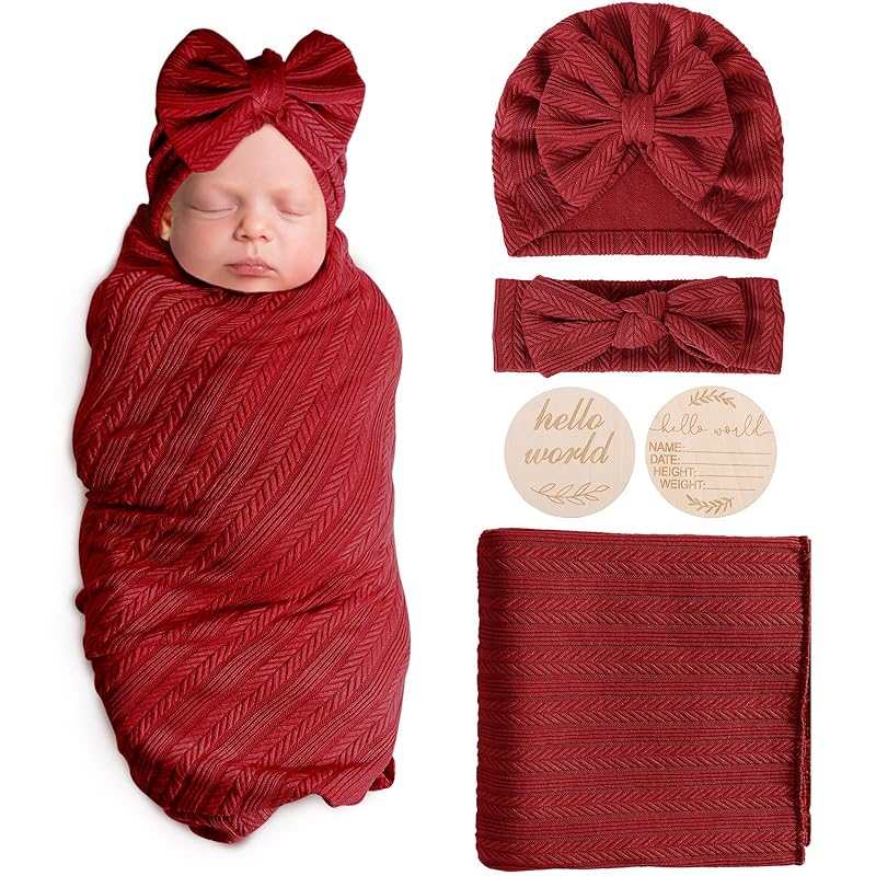 Newborn Receiving Blanket with Bow Hat Mittens Wooden Card Set Wheat-Pattern Newborns Toddler Baby Boy Girl Nursery Swaddle Wrap