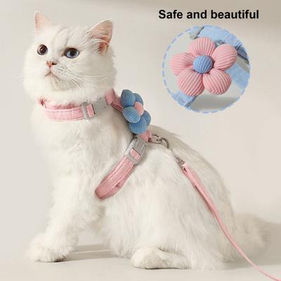Cat Harness Leash Collar Set for Walking Adjustable Double Layer Pet Harness with Flower Decor Escape Proof Pet Collar Leash