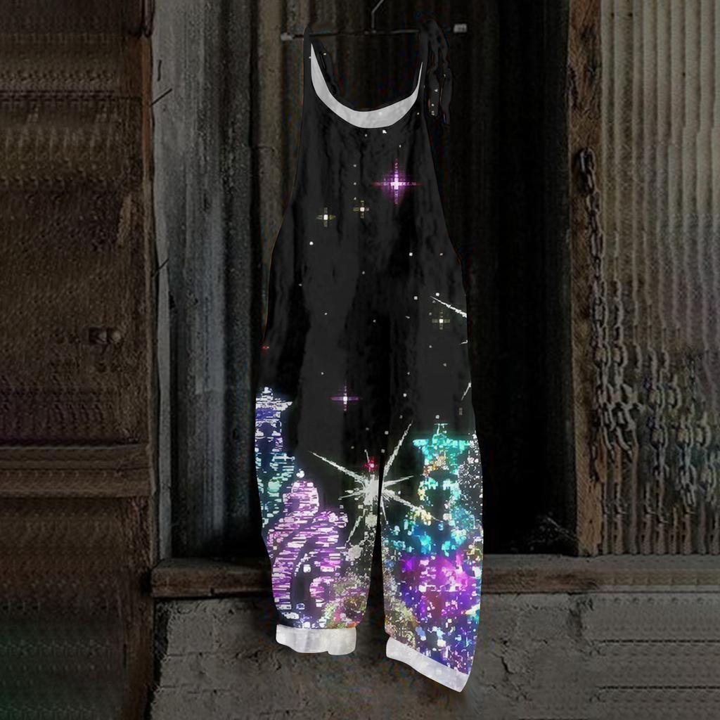 Damen Jumpsuit Halloween Print Lässig Locker Vintage Schulterträger Baumwolle Leinen