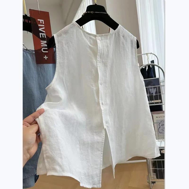 Camicetta da donna senza maniche in misto lino con bottoni sul retro