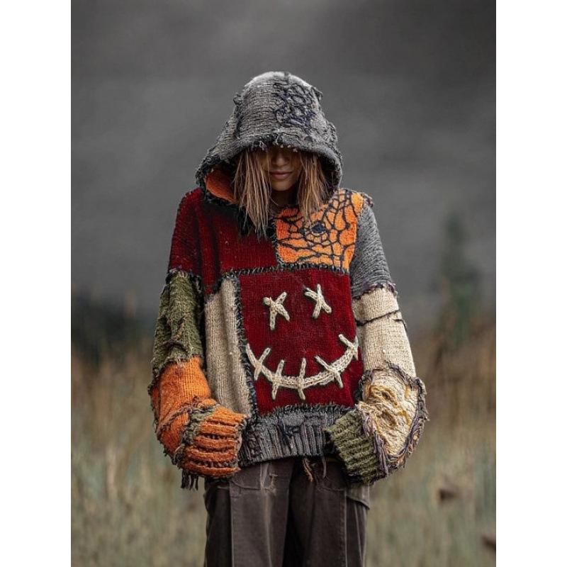 Maglione Oversize da Donna con Cappuccio e Maniche Lunghe Pullover Gotico Stampato con Teschio 3D Streetwear Caldo Maglione a Maglia