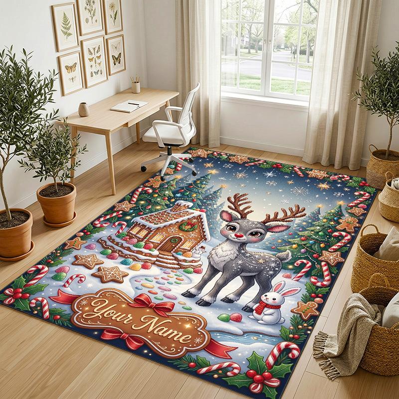 Christmas Theme Crystal Velvet Rug Personalized Custom Name Text Soft Floor Mat Home Decor
