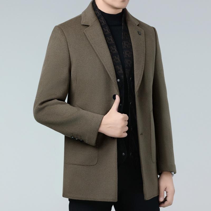 Double-sided cashmere coat for men, mid-length winter daddy outfit, middle-aged woolen scarf collar, thickened down gallbladder coat