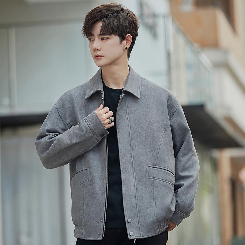 

Мужская повседневная куртка весна и осень новый свободный лацкан грубый красивый корейский вариант универсальная мужская куртка M серый