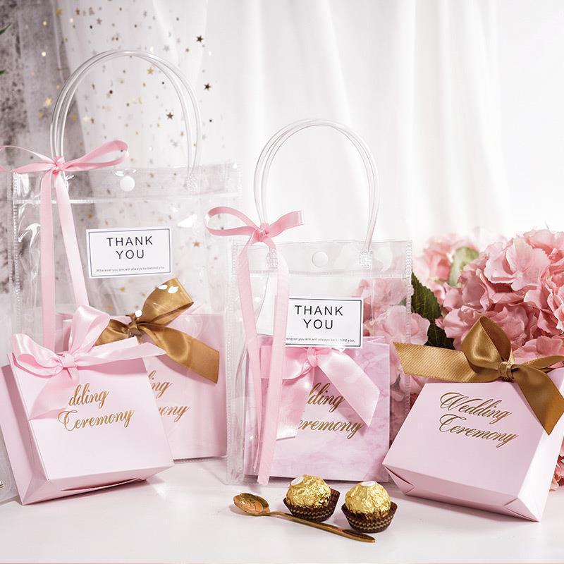 10Pcs Wedding Distributions Bags Transparent Packing Box With Handle Pvc Tote Bag Baby Shower Holiday Present For Guest