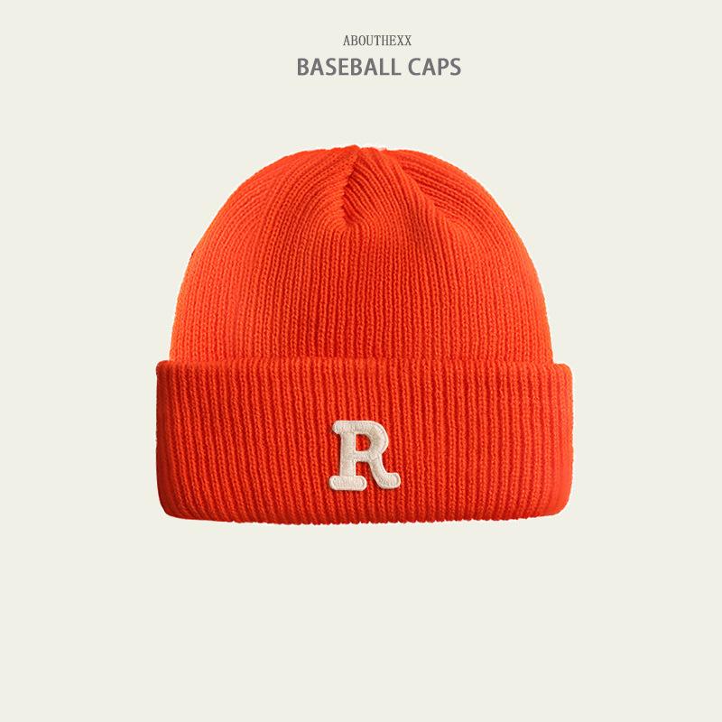 Hats for Women's Autumn and Winter New Warm Knitted Hat Korean Version Versatile R Letter Wool Hat Couple Head Hat Men's Trend