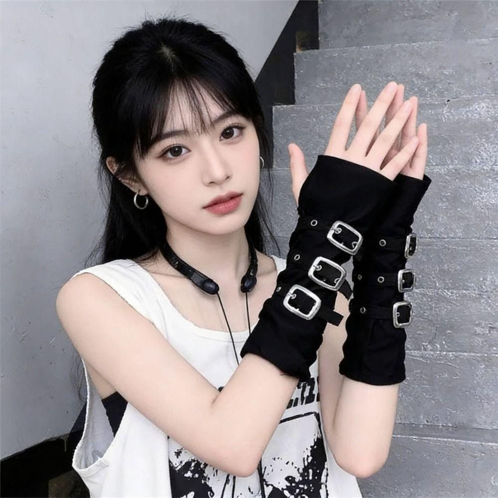 Black Punk Style Elbow Gloves Gothic Metal Button Gloves Harajuku Street Dance Gloves Street Dance