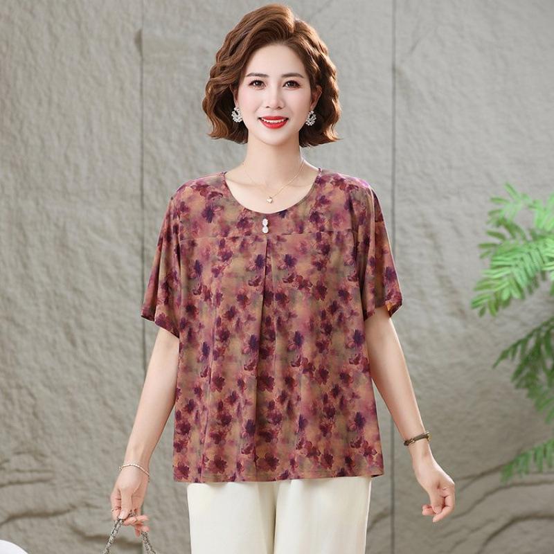 Plus Size Women Summer Ice Silk Short Sleeve T Shirt Floral Print Pullover Top