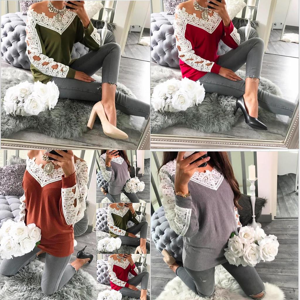 Elegant Sexy Lace Stitching Off Shoulder Crochet Blouse With Hollow Long Sleeves