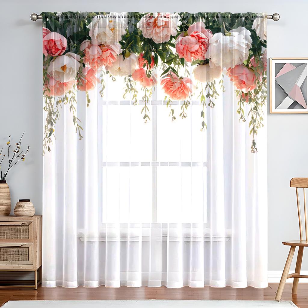 1PC Elegant Wisteria Flower Sheer Curtains - Purple Floral Design with Green Leaves, Rod Pocket Top for Living Room, Kitchen, Bedroom, Balcony