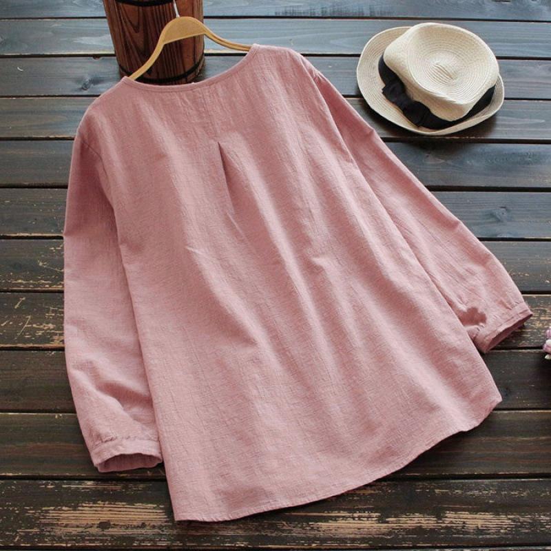 Available: Women's Long-Sleeve Pleated Round Neck Plus Size Shirt in Loose Cotton and Linen, All Colors and Sizes.