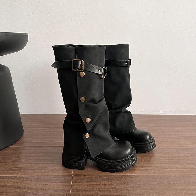

Black retro thick heel platform boots women s shoes 2025 new autumn British style thin but knee trouser boots 35 чёрный