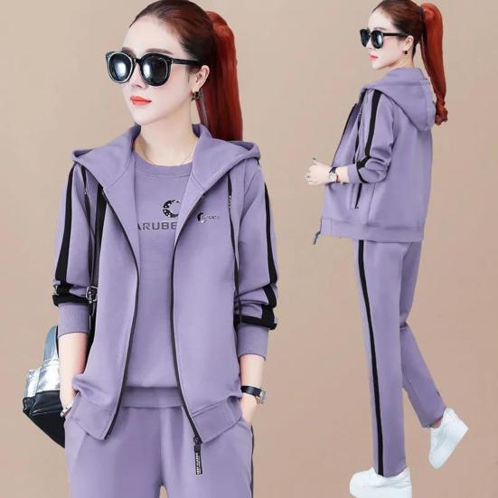 3 Pcs/Set Women Coat Top Pants Set Color Matching Soft Thick Hooded Long Sleeves Zipper Elastic Cuff Lady