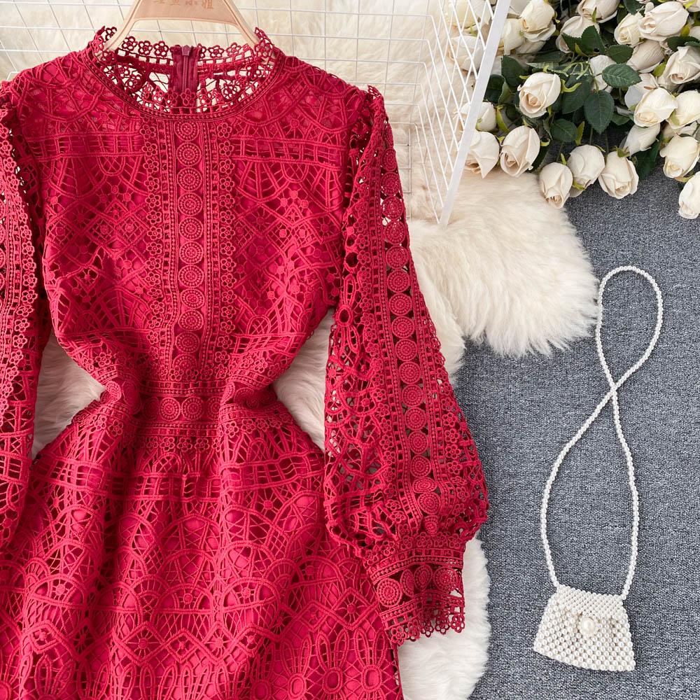 RUGOD Robe rétro haut de gamme de déesse du tempérament, robe trapèze en dentelle à crochet creux à taille fine et fleur