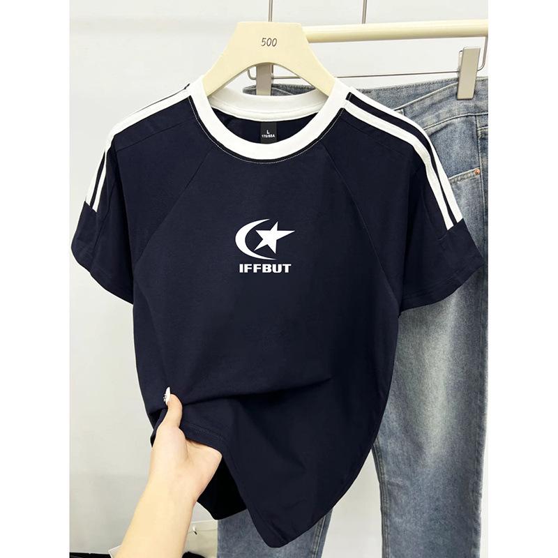 

Women s Summer Loose Fit Cotton T-Shirt - American Brand, Letter Print, Three Stripes, Trendy Round Neck Design 2XL темно-синього кольору