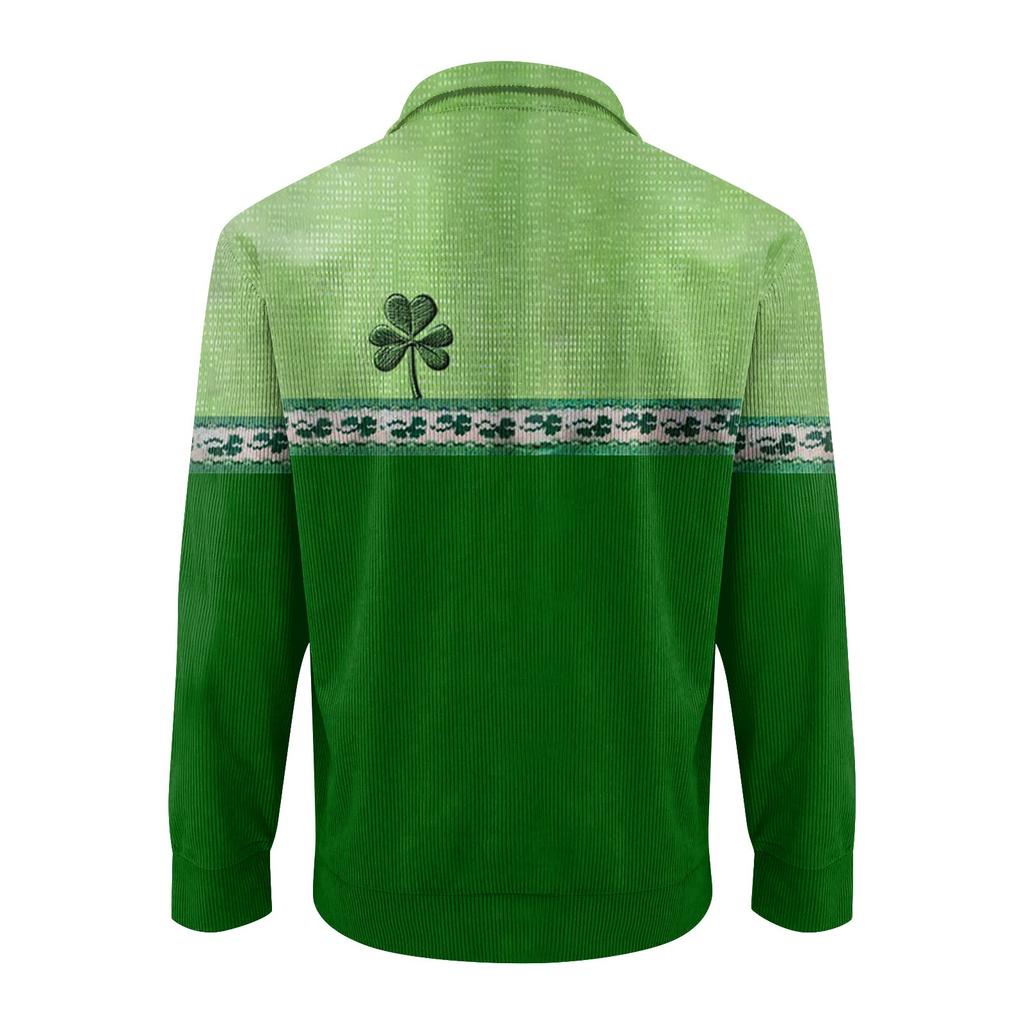 St. Patrick Men's Cotton Pullover Long Sleeve Outdoor Shirt Vintage Corduroy Button Stand Collar Shirt Casual Sweatshirt Print Top