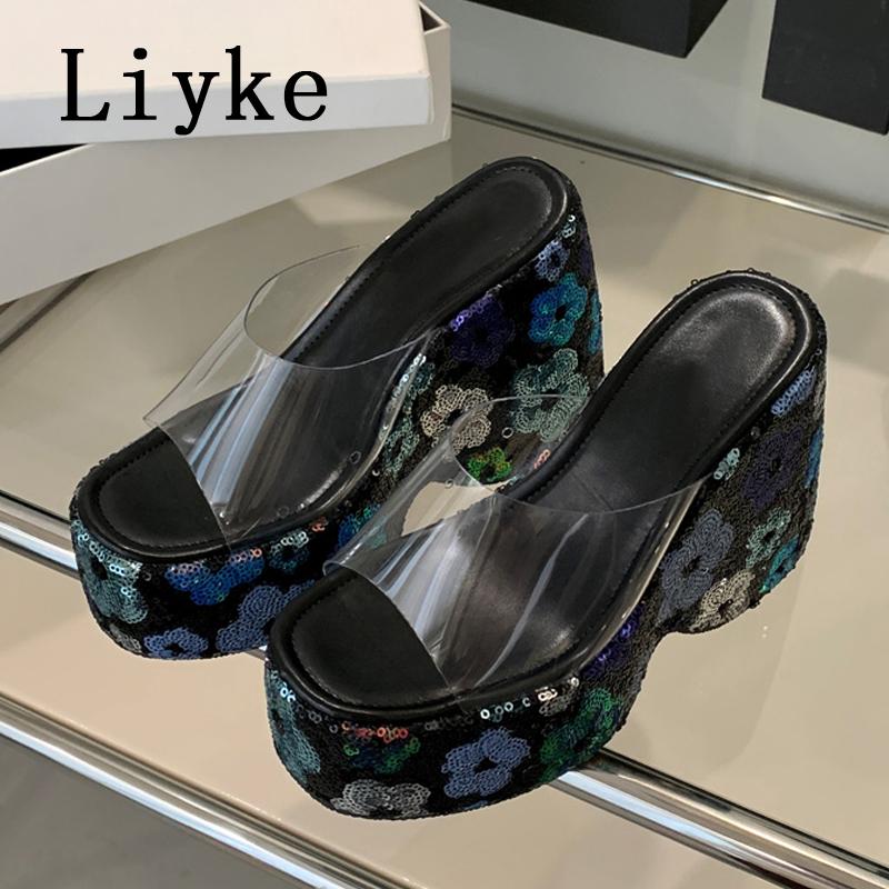 

Fashion Liyke Fashion Design Mixed Colors Sequined Platform Wedges Slippers Sandals Summer Party Banquet Super High Heels Shoes Women 35