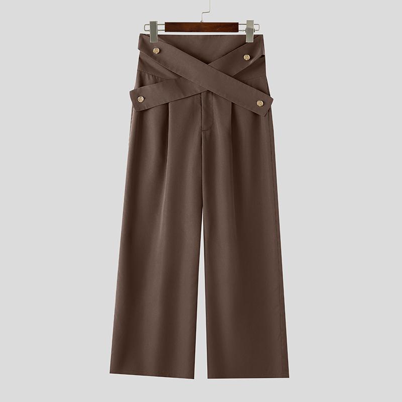INCERUN Men's Avant Garde High Waist Front Cross Wide Leg Pants Long Trousers