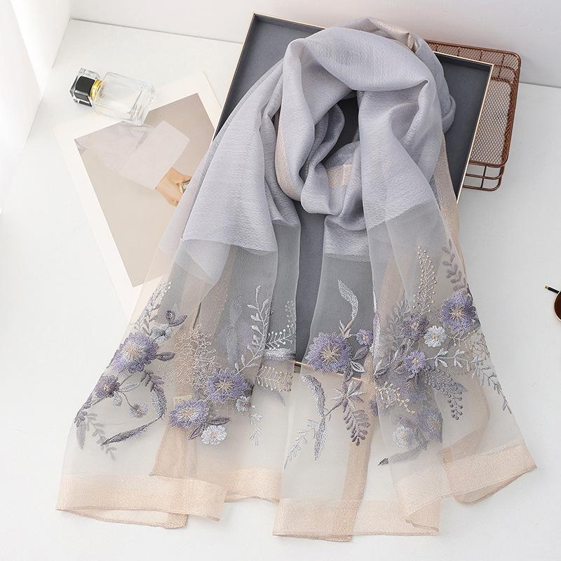 Seidenwollschal Damen Hijab Pashmina Schals Wickeltuch Luxuriöses Bandana Decke Blumenmuster Pashmina Stickerei Schals Foulard Modemarke