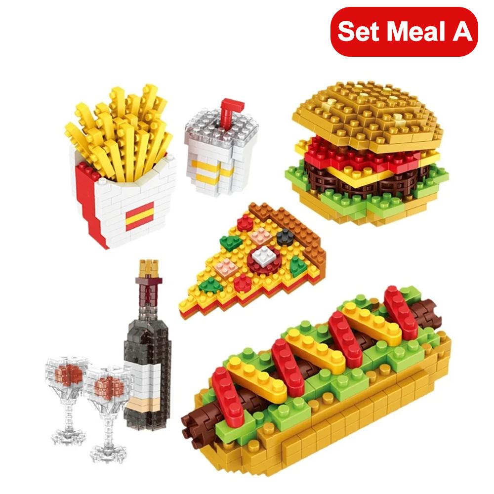 3D Mini Food Building Blocks Set Fries Hamburger Hot Dog Pizza Cola Red Wine Micro Particle Assembly Toy Children Christmas Gift