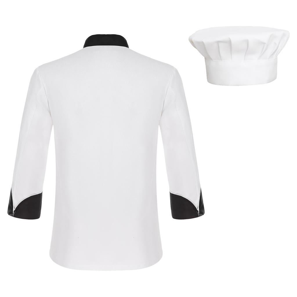 Veste de chef à manches longues unisexe couleur contrastée manteau de cuisine professionnel uniforme de cuisinier restaurant hôtel avec chapeau amovible