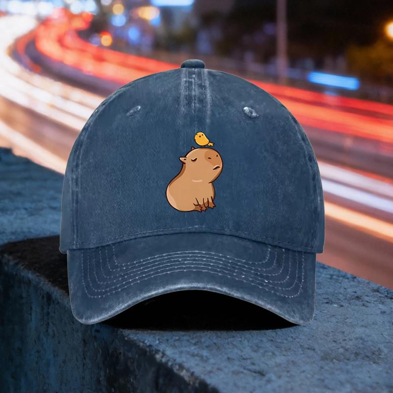 

Capybara and Bird Cartoon Baseball Cap Vintage Washed Adult Polyester Outdoor Cap One Size темно-синий