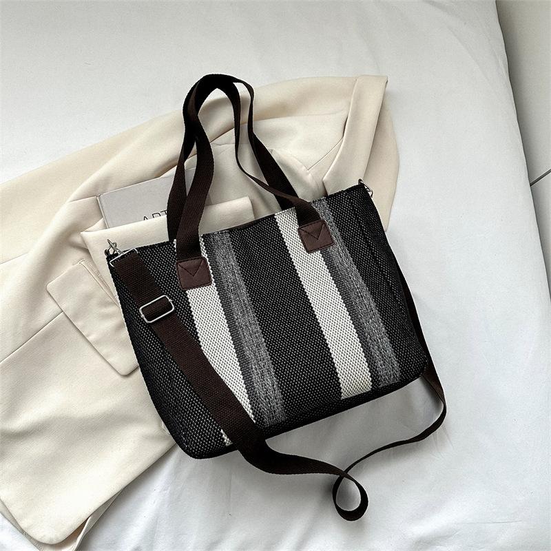 Big bag women's 2025 new fashion striped canvas bag commuter tote bag trendy shoulder messenger mommy bag