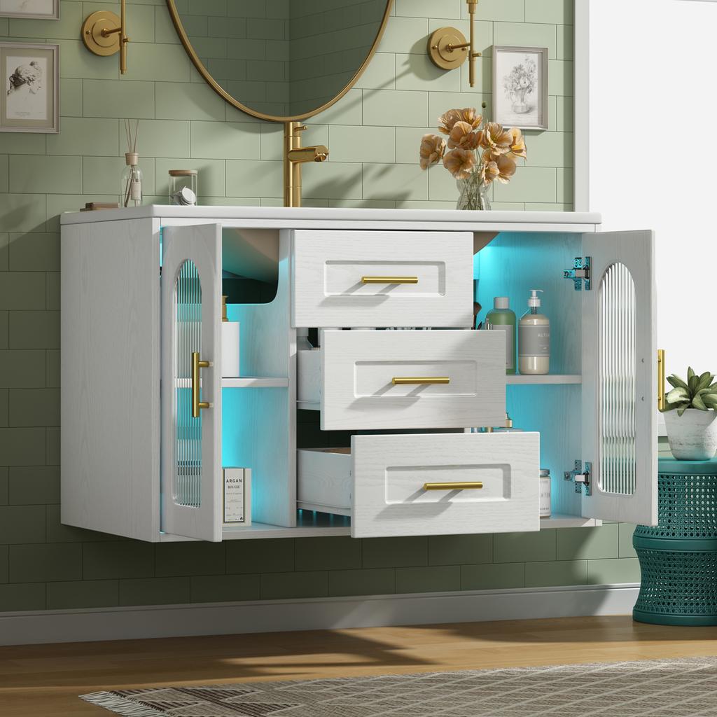 76cm Wall-Mounted Bathroom Cabinet with Sink, White Wood Grain, Fluted Glass Door, LED Lighting, Adjustable Shelves & Drawers, Without Tap