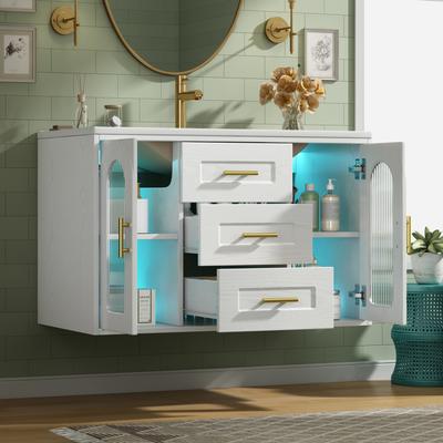 76cm Wall-Mounted Bathroom Cabinet with Sink, White Wood Grain, Fluted Glass Door, LED Lighting, Adjustable Shelves & Drawers, Without Tap