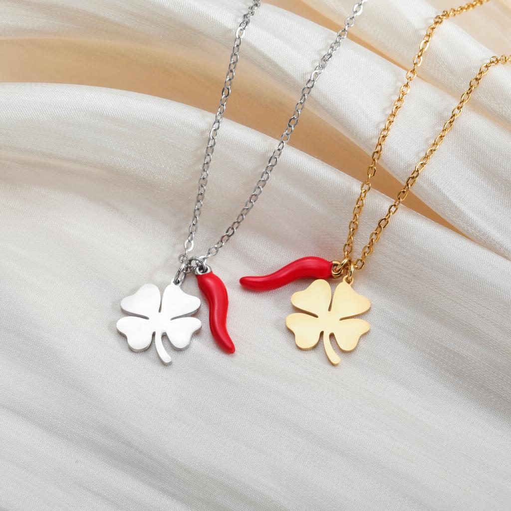 Italian Horn Leaf Lucky Clover Pendant Necklace for Women Stainless Steel Charms Chain Amulet Talisman Jewelry Birthday Gift