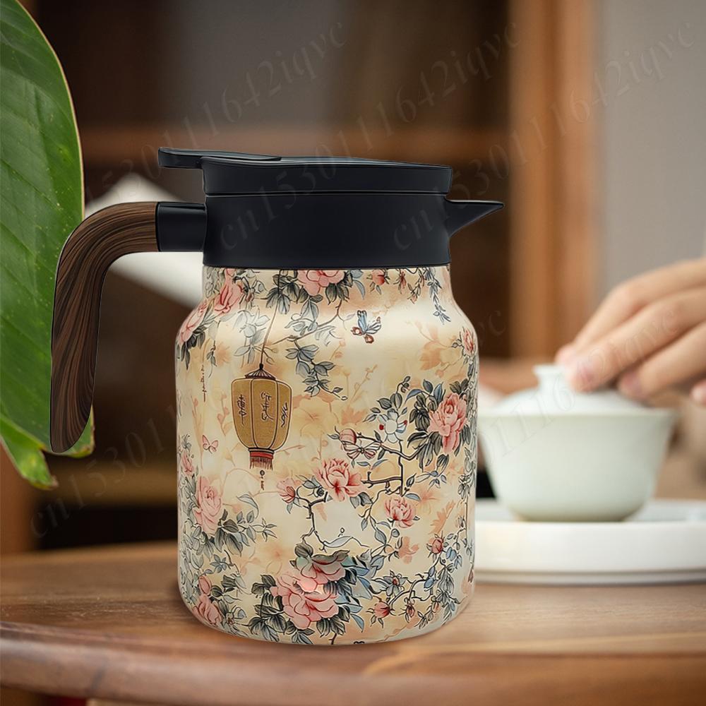 Kitchen Tea Kettle 800ml Retro Floral Tea Kettle Stainless Steel with Infuser Tea Separation Thermal Insulation Pot Wood Handle