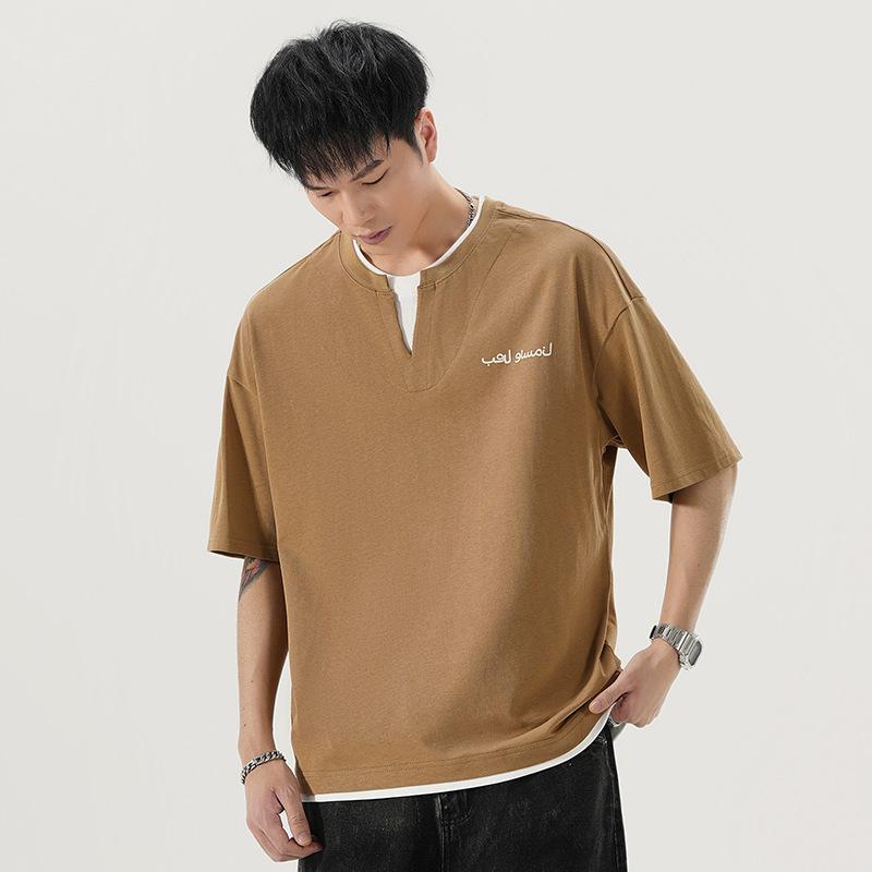 

Double Yarn Slippery 240g Round Neck T-shirt Fake Two-piece American Trend Versatile Casual Loose Short Sleeves 4XL