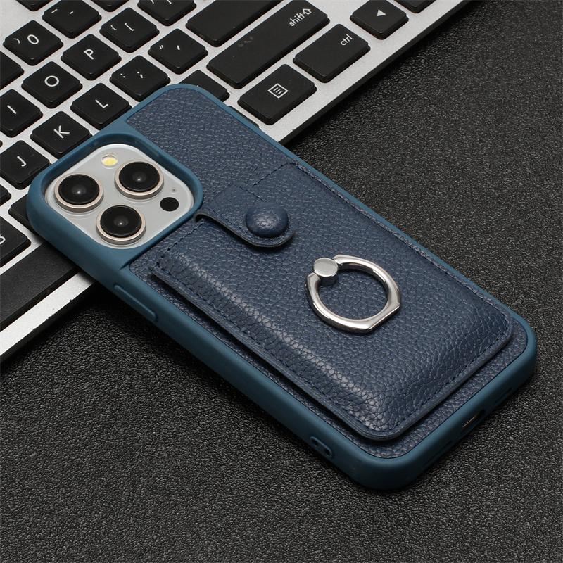 Leather With Cards Slot Phone Case For iPhone 16 15 14 13 12 Pro Max iPhone15 iPhone16 Plus Metal Ring Holder Wallet Back Cover