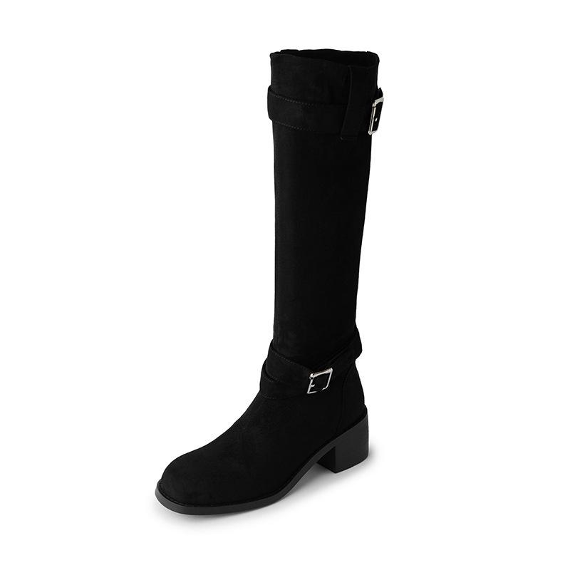 Cowhide Retro Pleated Thick Heel Piled Boots New Autumn and Winter Boots Khaki Suede Knee Boots