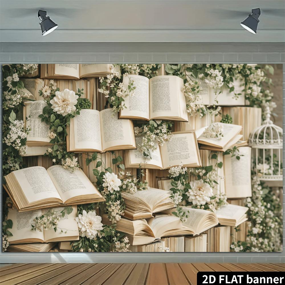 2D Plane, Book Cover with Floral Background, Flowers Suspended Over the Books, Suitable for Home Decoration, Polyester Fiber