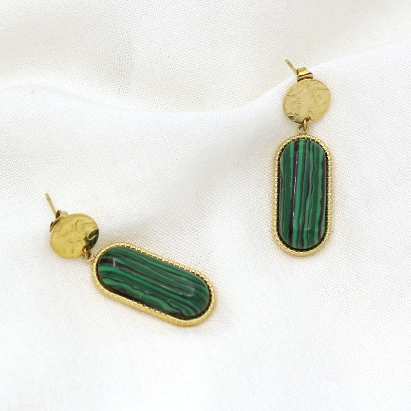 European Retro Gold-Plated Malachite Pendant Earrings for Women - Light Luxury High-End Style
