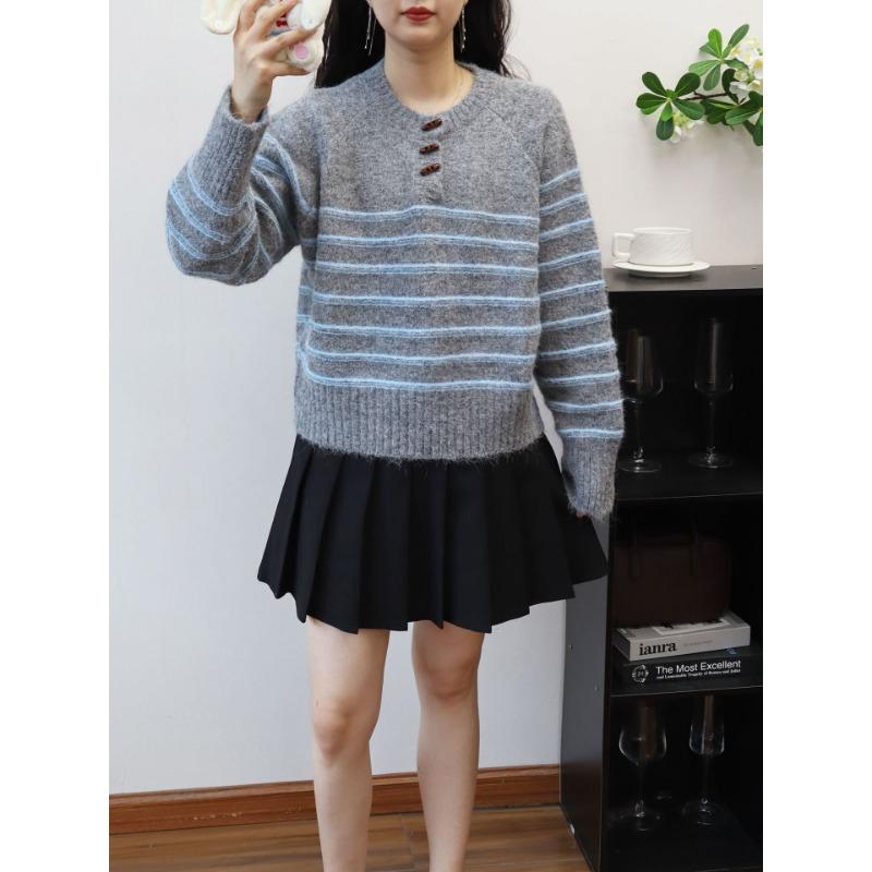 Corner buckle contrasting striped knitted sweater top autumn and winter new loose design sweater pullover woman