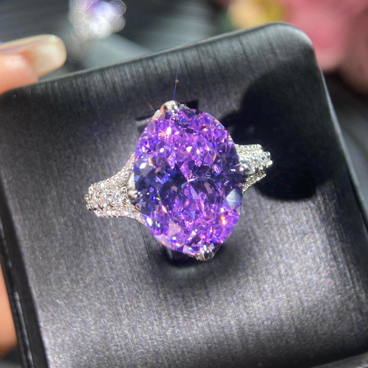 2026 Pigeon Egg Comparable To Ice Flower Cut Purple Lithium Glow Inlaid Zircon Banquet Open Ring Female Resizable