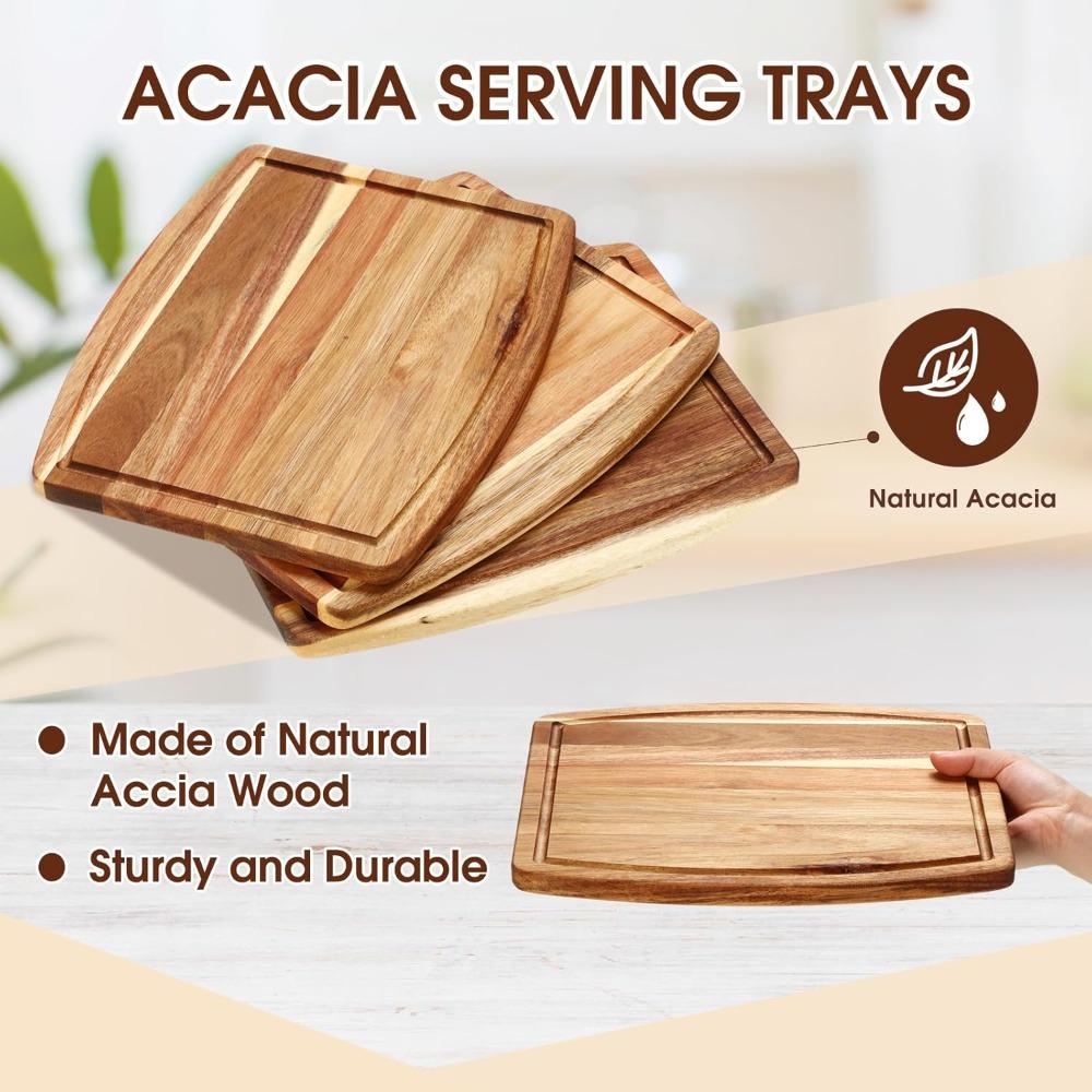 10 Pack Acacia Wood Cutting Boards for Laser Engraving, Wooden Dinner Plates with Groove, Chopping and Charcuterie Boards