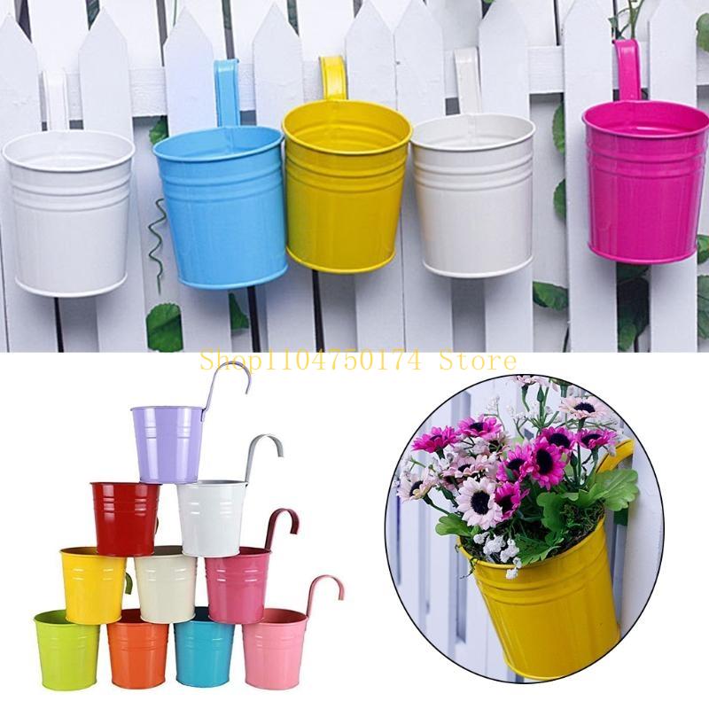 Desktop Bucket Flower Pot Storage Barrels,Pen Holder Decorative Plant Pots,Metal Iron Flower Pots Bucket Flower Pot with a Hook