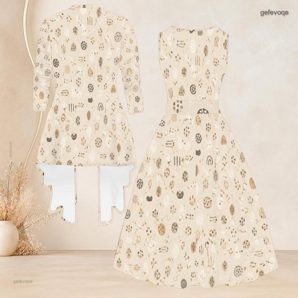 Women Plus Size Two Piece Set Geometric Printed 3 4 Sleeve Draped Cardigan Sleeveless Round Neck Tie Waist Flared Dress