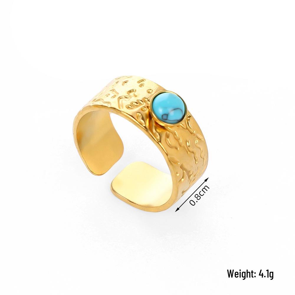 European Ethnic Colorful Stone Open Stainless Steel Drip Oil Turquoise Adjustable Ring