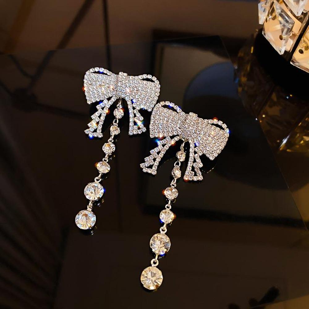 Bowknot Rhinestone Dangle Earrings for Women Long Tassel Pearl Earrings Weddings Party Zircon