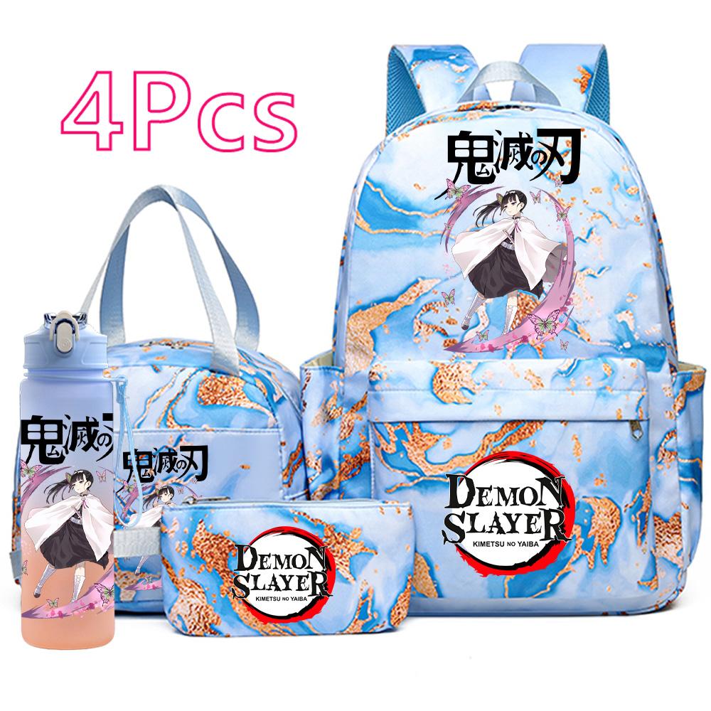 4 Pièces/ensemble Anime Demon Slayer Sac à Dos Imprimé Sac à Main Trousse à Crayons avec Bouteille d'Eau 750ml pour Adolescent Garçon Fille Grande Capacité Sac d'École Imperméable
