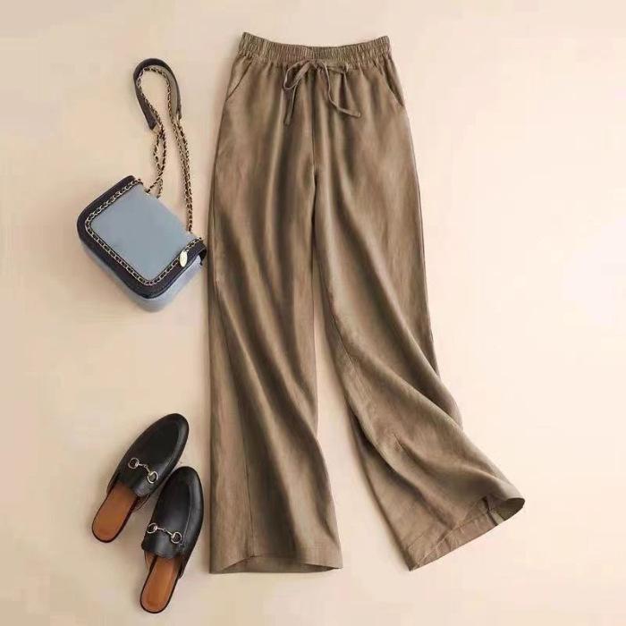 Women's High-Waisted Cotton-Linen Wide-Leg Pants - 2024 Summer Slimming, Versatile, Loose, Straight-Leg Design