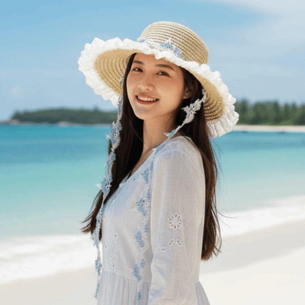 Lightweight Big Brimmed Straw Hat with Garland Woven Sun Cap Elegant Vacation Beach Cap  Summer