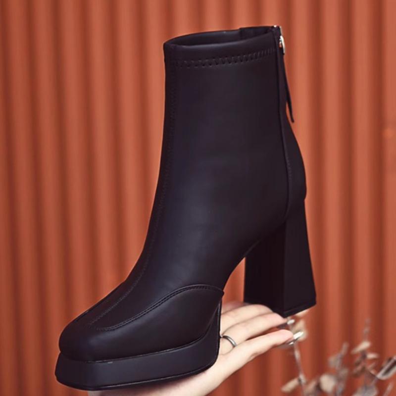 

мода Уличный стиль Высокий каблук Женские ботильоны Модные квадратные носки Короткие ботильоны Осень Зима Женская обувь Botas Mujer 36 чёрный